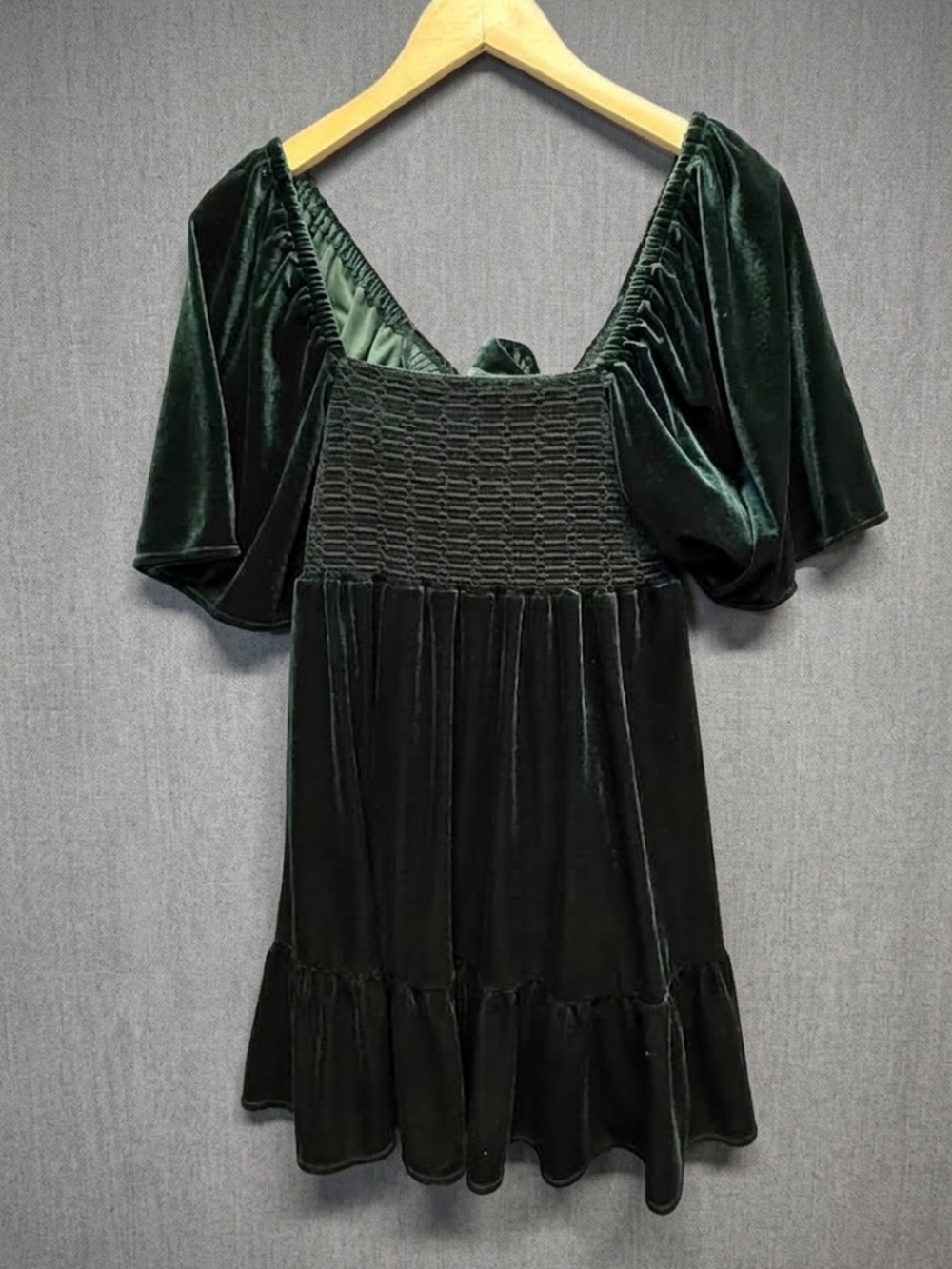 C&V Deep Green Velvet Smocked Mini Dress  Puff Sleeve Baby Doll Y2K Coquette - S